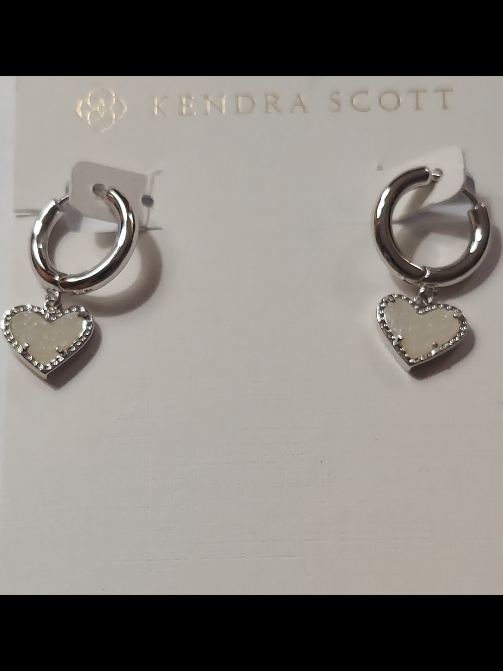 Kendra Scott Silver Hoop Earrings with White Heart Druzy Charm - Picture 2 of 3